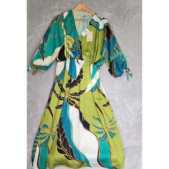 Elie Tahari Dress Womens Size Medium Satin Tropical Art Retro Lime Blue NEW NWT - Picture 1 of 8